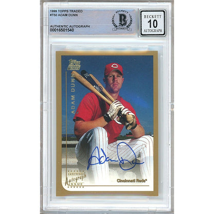 Baseball- Autographed- Adam Dunn Signed 1999 Topps Traded Baseball Card Cincinnati Reds Beckett Authentic Auto Slab Front