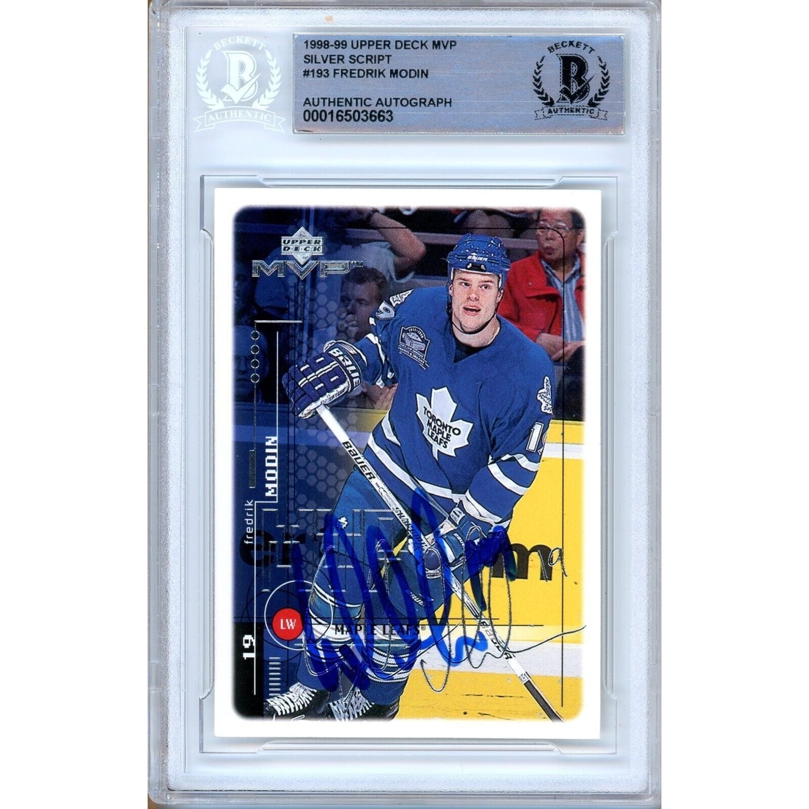 Hockey- Autographed- Fredrik Modin Toronto Maple Leafs Signed 1998-99 Upper Deck MVP Hockey Card Beckett Authentic Auto Slab Front