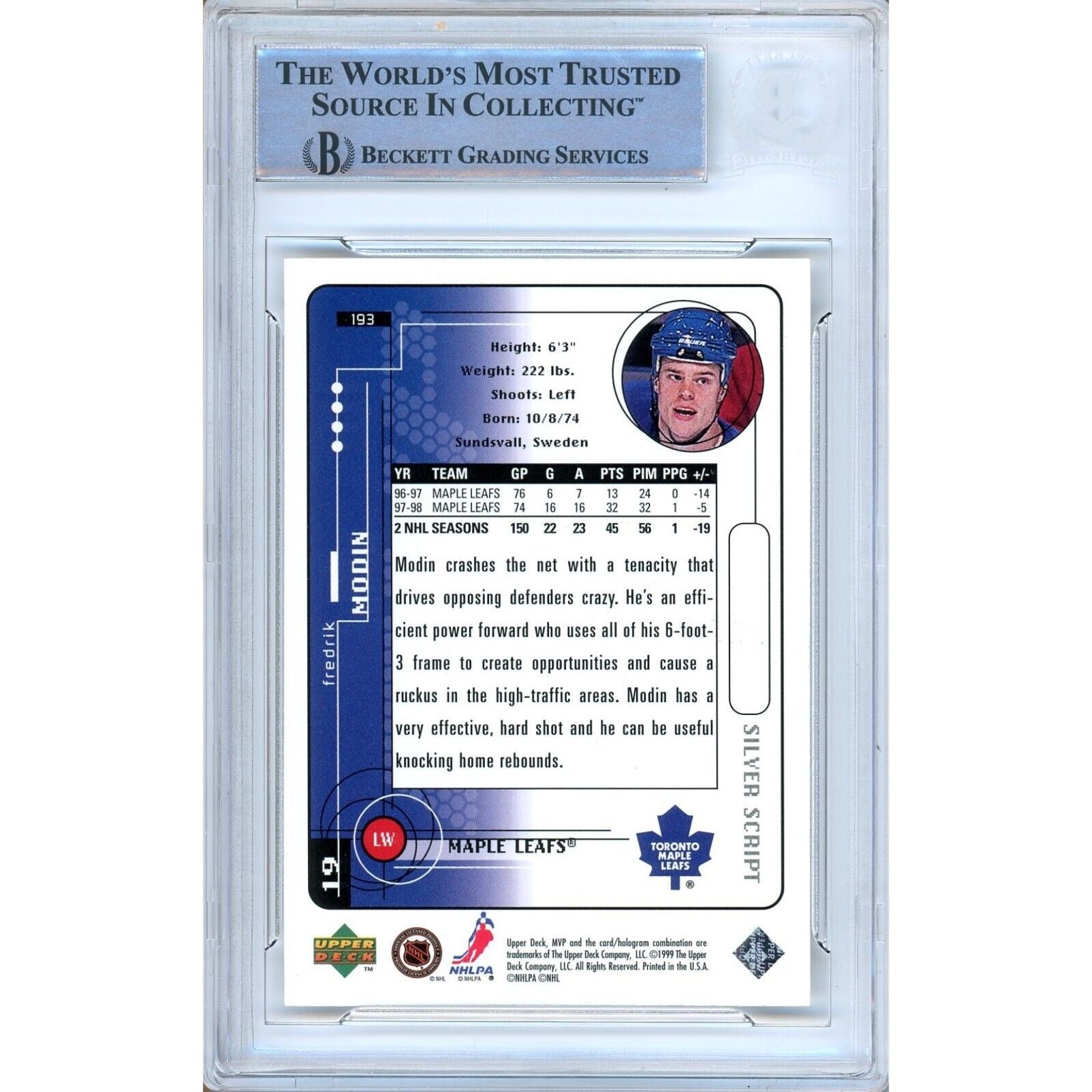 Fredrik Modin Toronto Maple Leafs signed trading card – signature close-up – Beckett COA