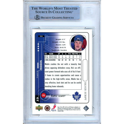 Hockey- Autographed- Fredrik Modin Toronto Maple Leafs Signed 1998-99 Upper Deck MVP Hockey Card Beckett Authentic Auto Slab Back