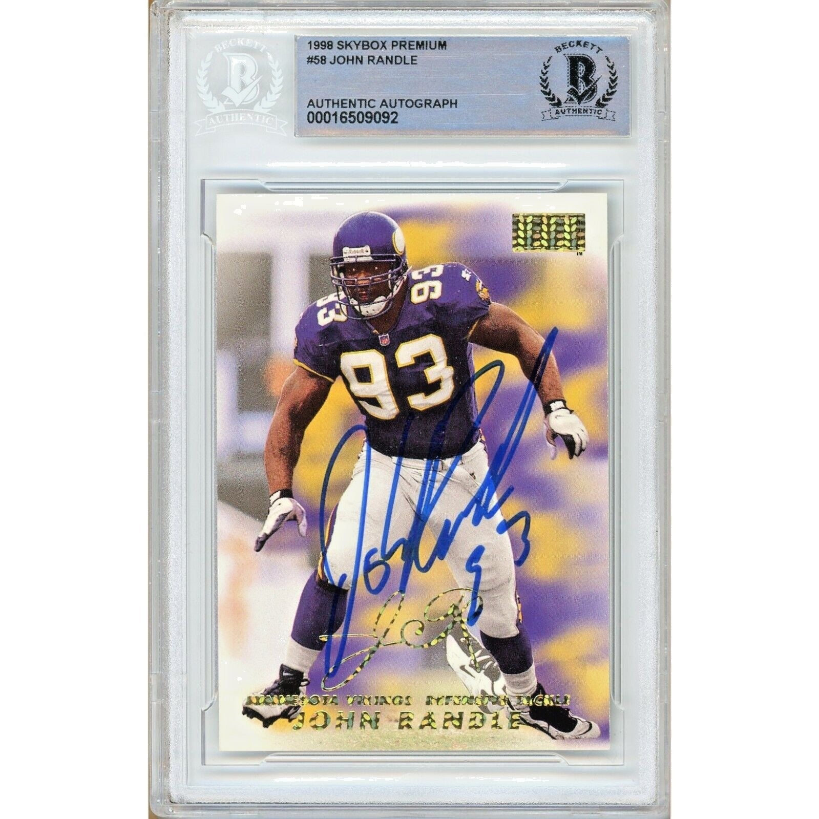 Footballs- Autographed- John Randle Minnesota Vikings Signed 1998 Skybox Premium Football Card Beckett Authentic Auto Slab Front