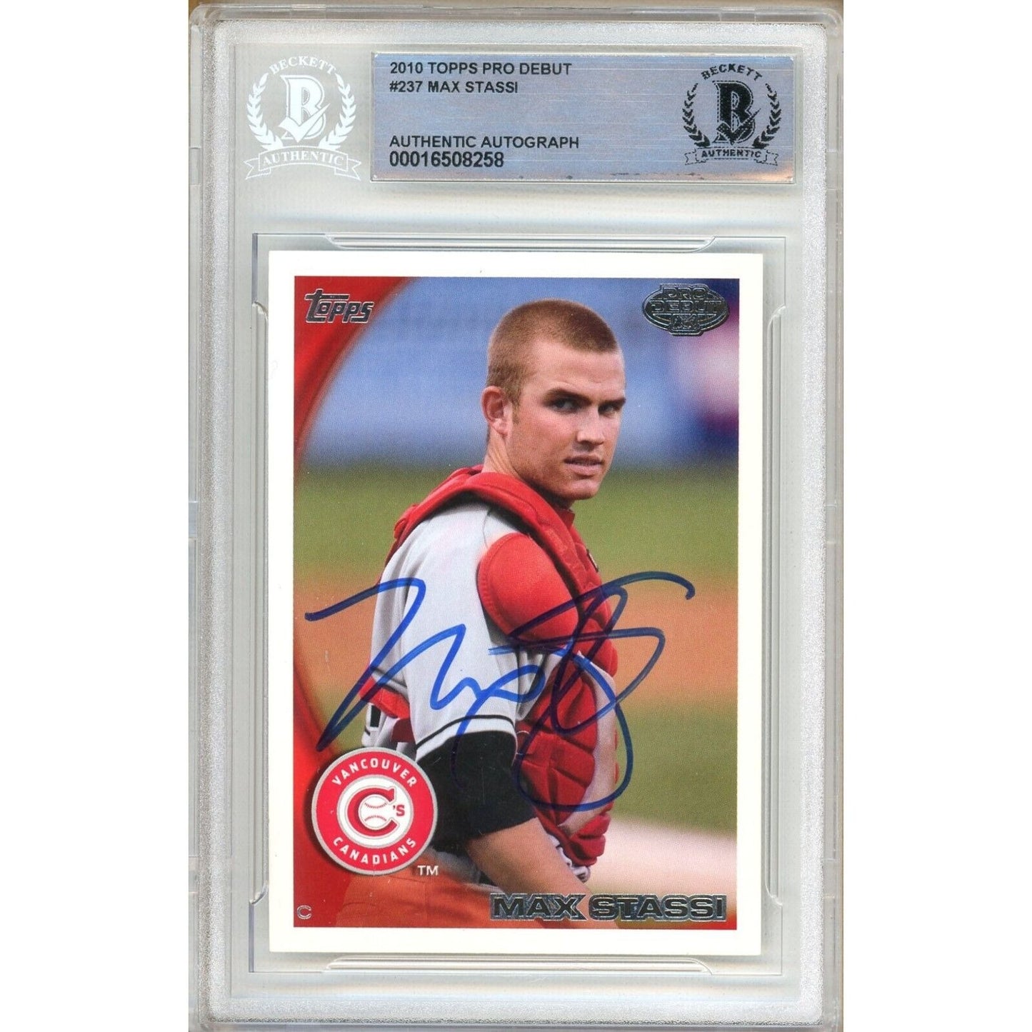 Baseballs- Autographed- Max Stassi Houston Astros Signed 2010 Topps Pro Debut Rookie Baseball Card Beckett Authentic Auto Slab Front