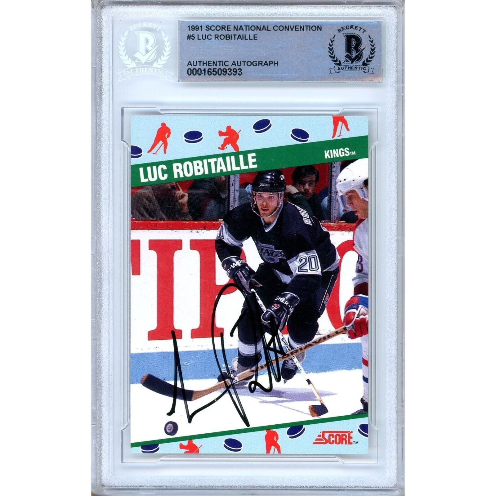 Hockey- Autographed- Luc Robitaille Los Angeles Kings Signed 1991 Score National Convention Hockey Card Beckett Authentic Auto Slab Front