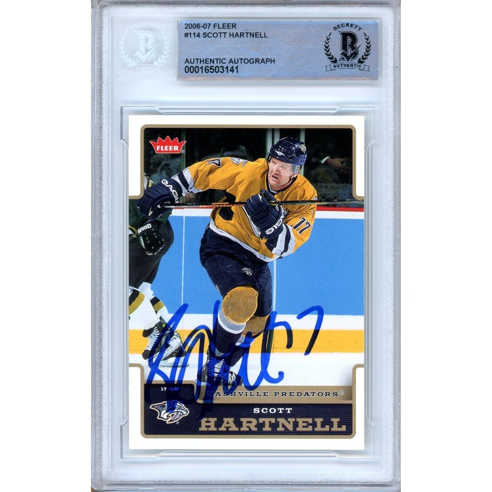 Scott Hartnell Nashville Predators autographed trading card – full view – Beckett COA
