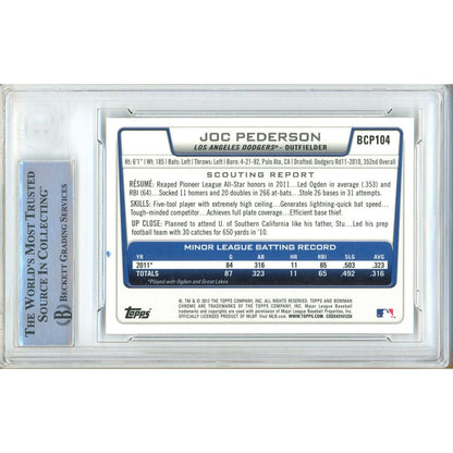 Baseballs- Autographed- Joc Pederson Los Angeles Dodgers Signed 2012 Bowman Chrome Prospects Rookie Baseball Card Beckett Authentic Auto Slab Back