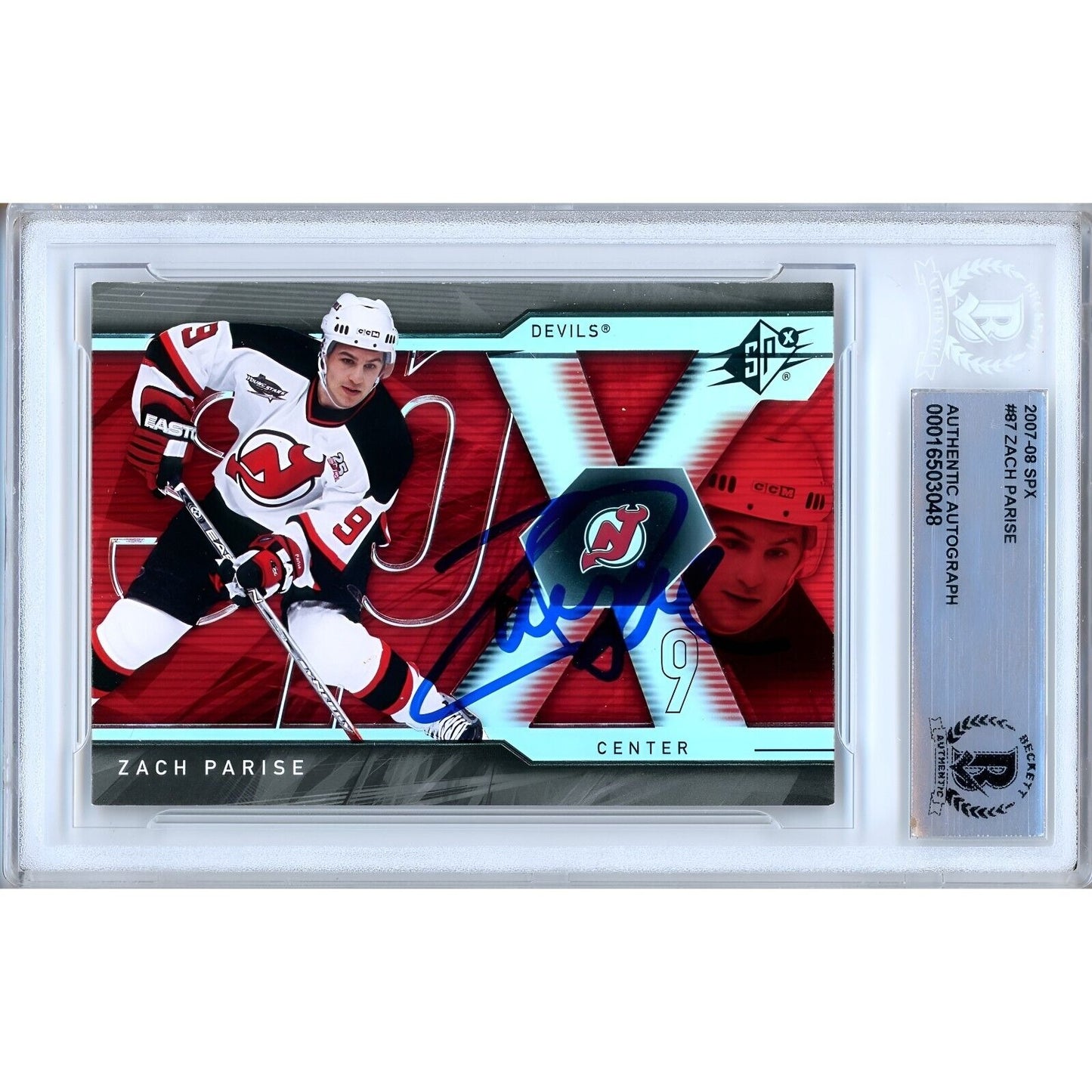 Hockey- Autographed- Zach Parise New Jersey Devils Signed 2007-08 Upper Deck SPx Trading Card Beckett Authentic Auto Slab Front