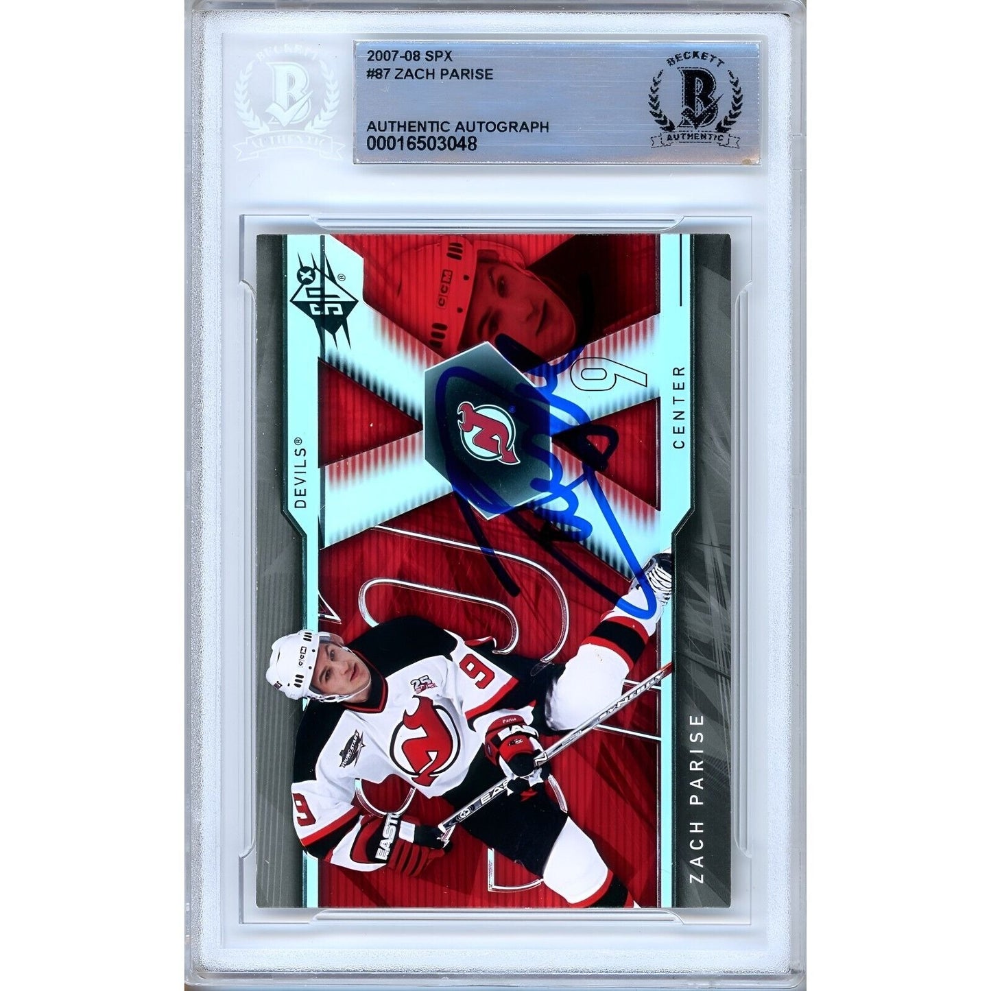 Hockey- Autographed- Zach Parise NJ Devils Signed 2007-08 Upper Deck SPx Trading Card Beckett Authentic Auto Slab Front