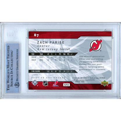 Hockey- Autographed- Zach Parise New Jersey Devils Signed 2007-08 Upper Deck SPx Trading Card Beckett Authentic Auto Slab Back