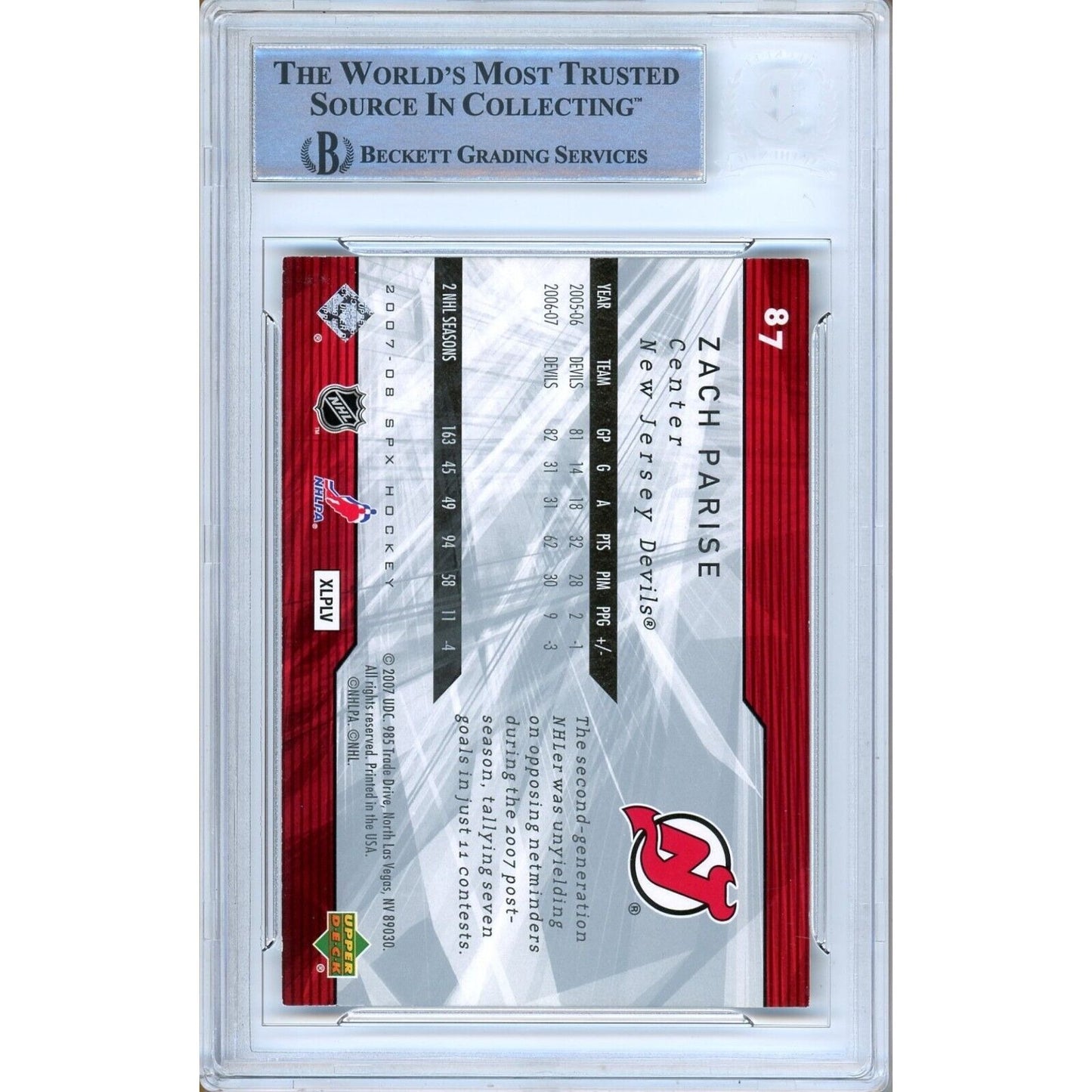 Hockey- Autographed- Zach Parise NJ Devils Signed 2007-08 Upper Deck SPx Trading Card Beckett Authentic Auto Slab Back