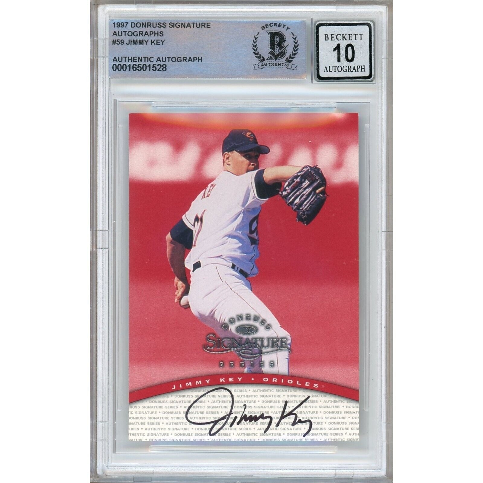 Baseballs- Autographed- Jimmy Key Baltimore Orioles Signed 1997 Donruss Signature Autographs Baseball Card Beckett Authentic BGS Auto-10 Graded Slab Front