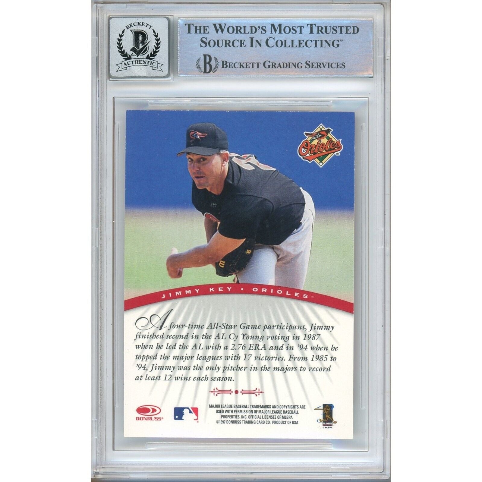 Jimmy Key Baltimore Orioles signed trading card – signature close-up – Beckett COA