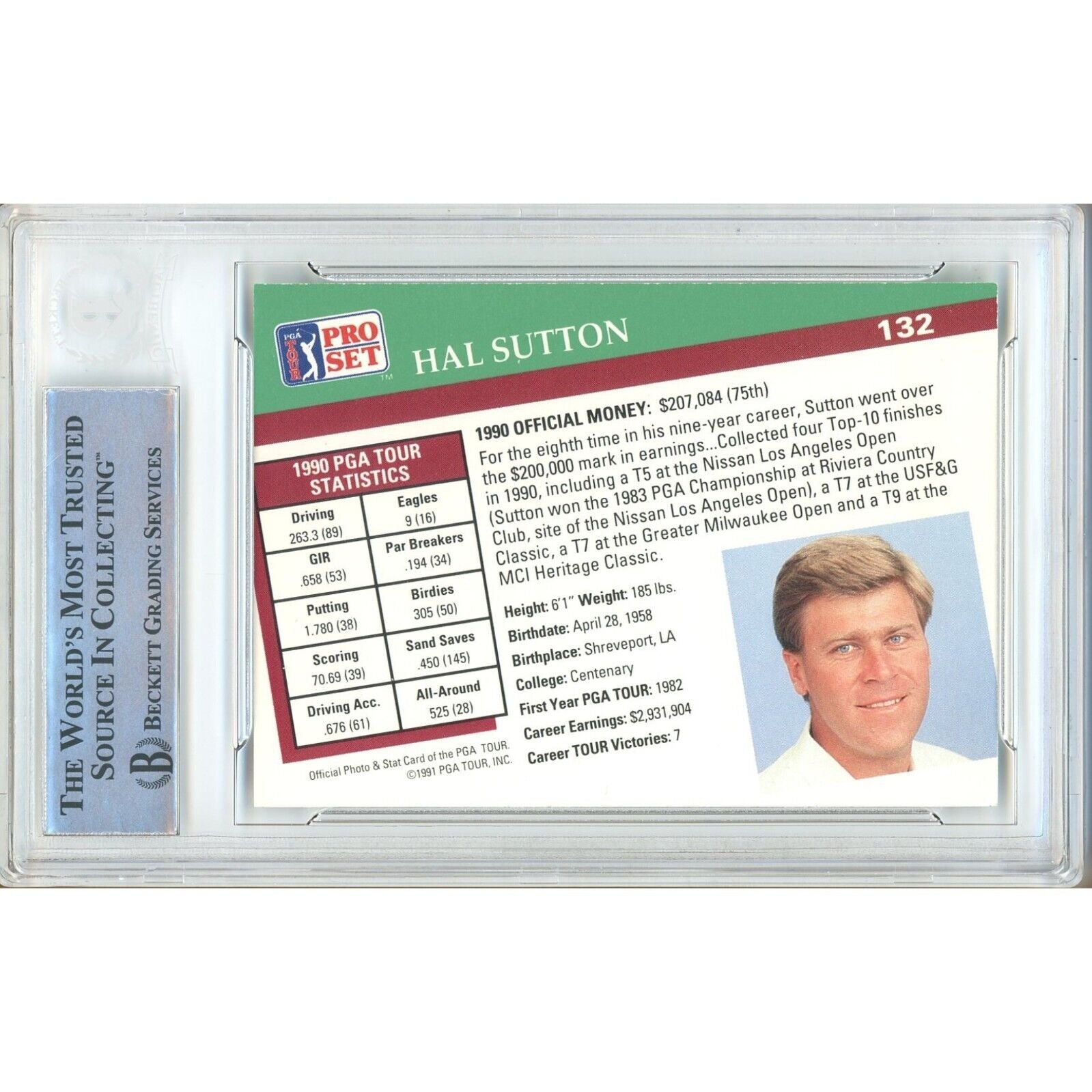 Golf- Autographed- Hal Sutton Signed 1991 Pro Set PGA Tour Golf Trading Card Beckett Authentic Auto Slab Back