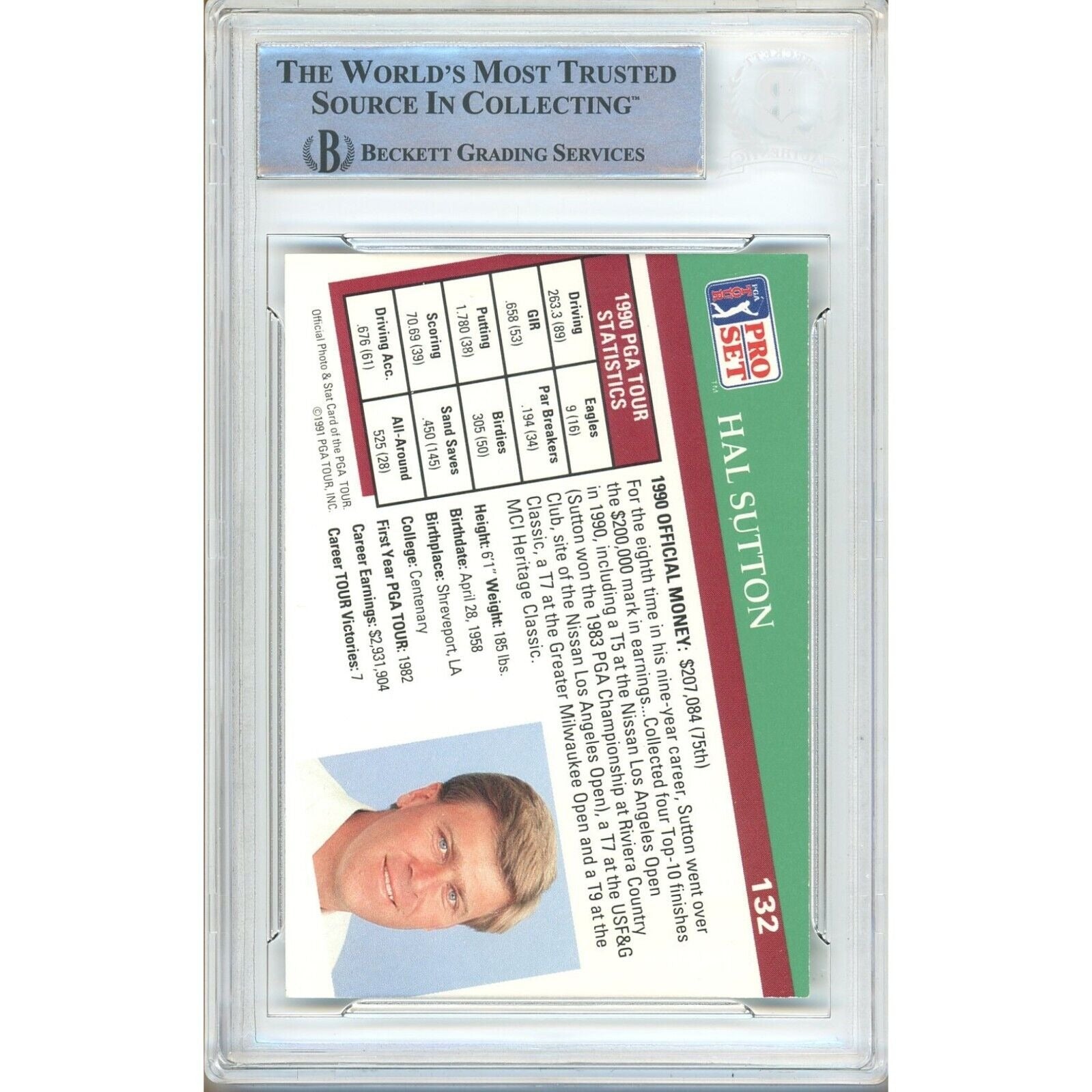 Golf- Autographed- Hal Sutton Signed 1991 Pro Set PGA Tour Golf Trading Card Beckett Authenticated Auto Slab Back