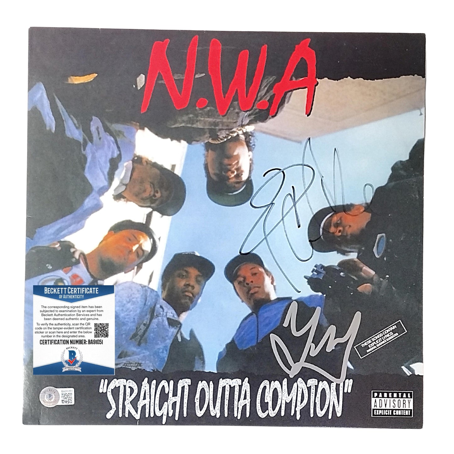 Music- Autographed- Ice Cube and DJ Yella Signed NWA Straight Outta Compton Vinyl Record Album Cover Beckett BAS Authentication 104