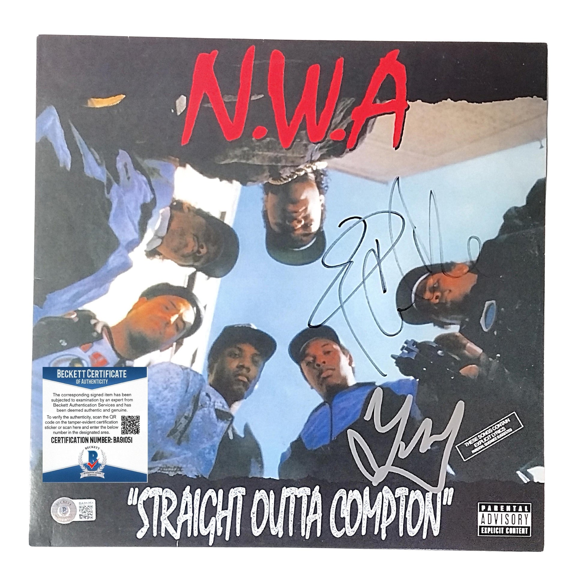 Music- Autographed- Ice Cube and DJ Yella Signed NWA Straight Outta Compton Vinyl Record Album Cover Beckett BAS Authentication 104
