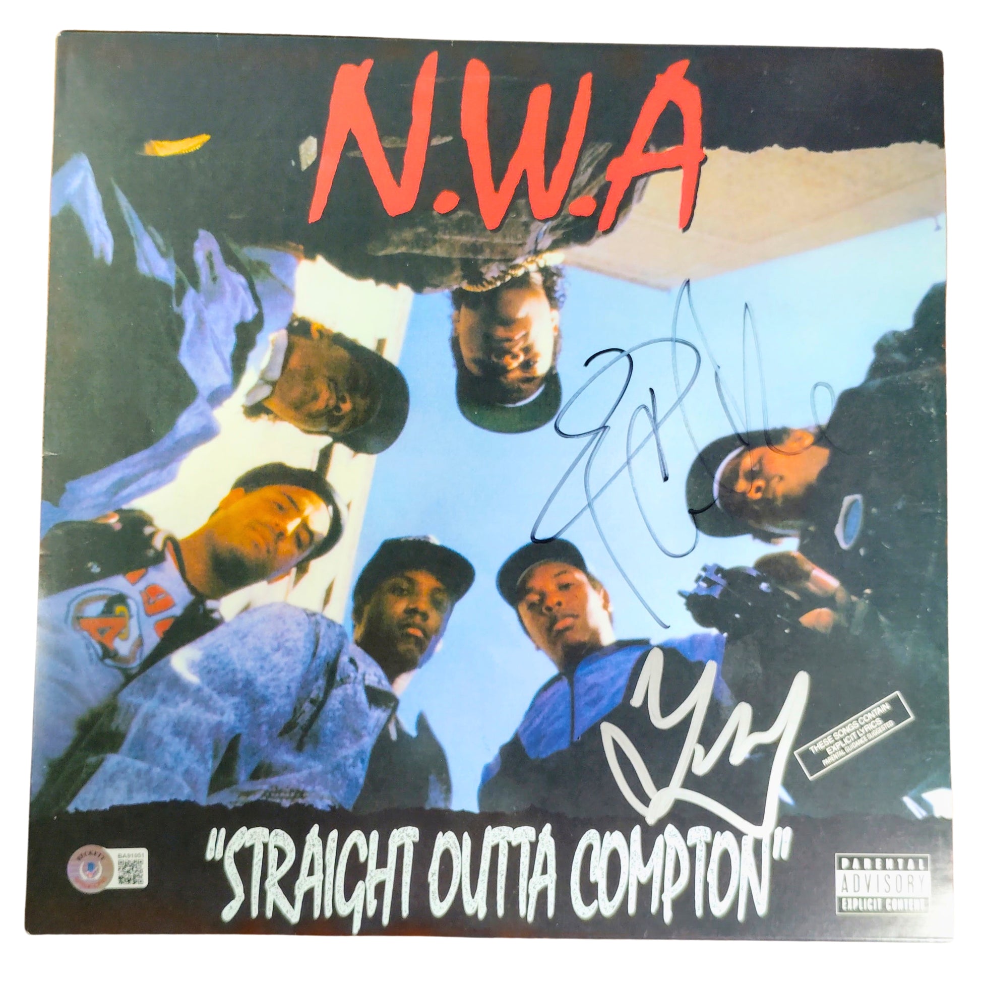 Music- Autographed- Ice Cube and DJ Yella Signed NWA Straight Outta Compton Vinyl Record Album Cover Beckett BAS Authentication 105