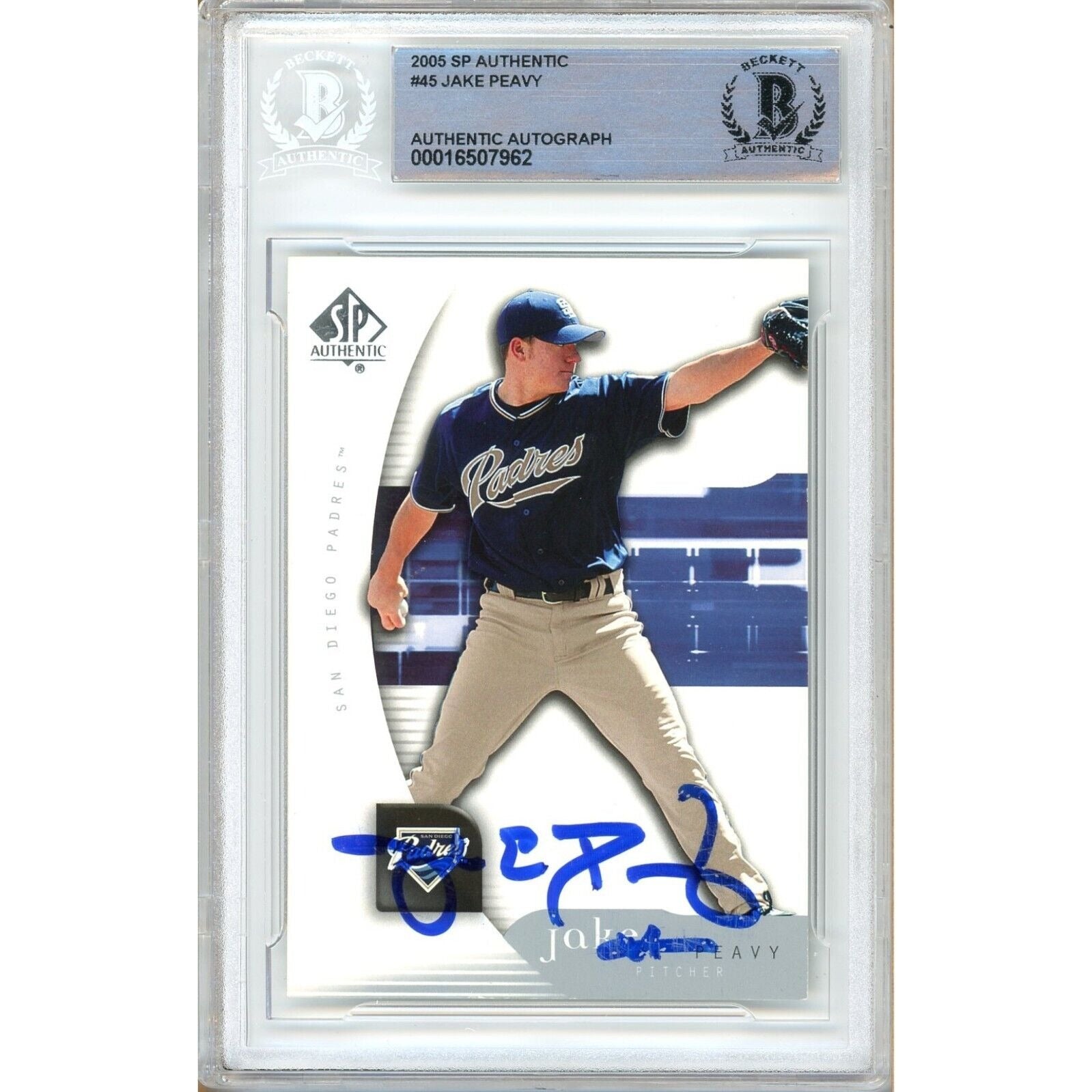 Baseballs- Autographed- Jake Peavy San Diego Padres Signed 2005 Upper Deck SP Authentic Baseball Card Beckett Auth Auto Slab Front