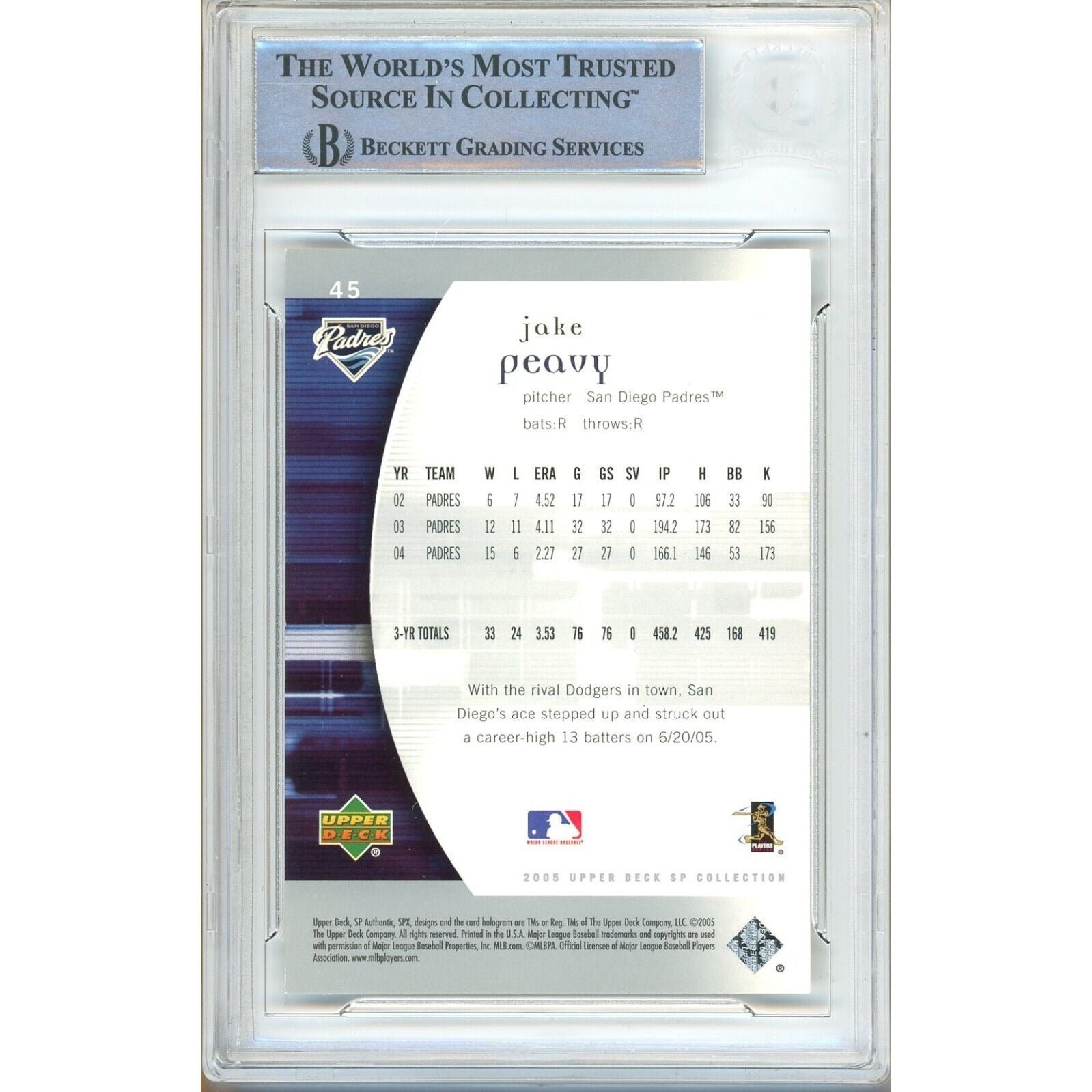 Baseballs- Autographed- Jake Peavy San Diego Padres Signed 2005 Upper Deck SP Authentic Baseball Card Beckett Auth Auto Slab Back