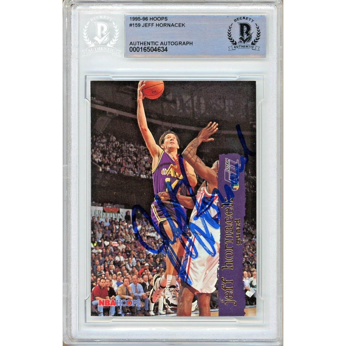 Basketballs- Autographed- Jeff Hornacek Utah Jazz Signed 1995-96 NBA Hoops Basketball Card Beckett Authentic Auto Slab Front