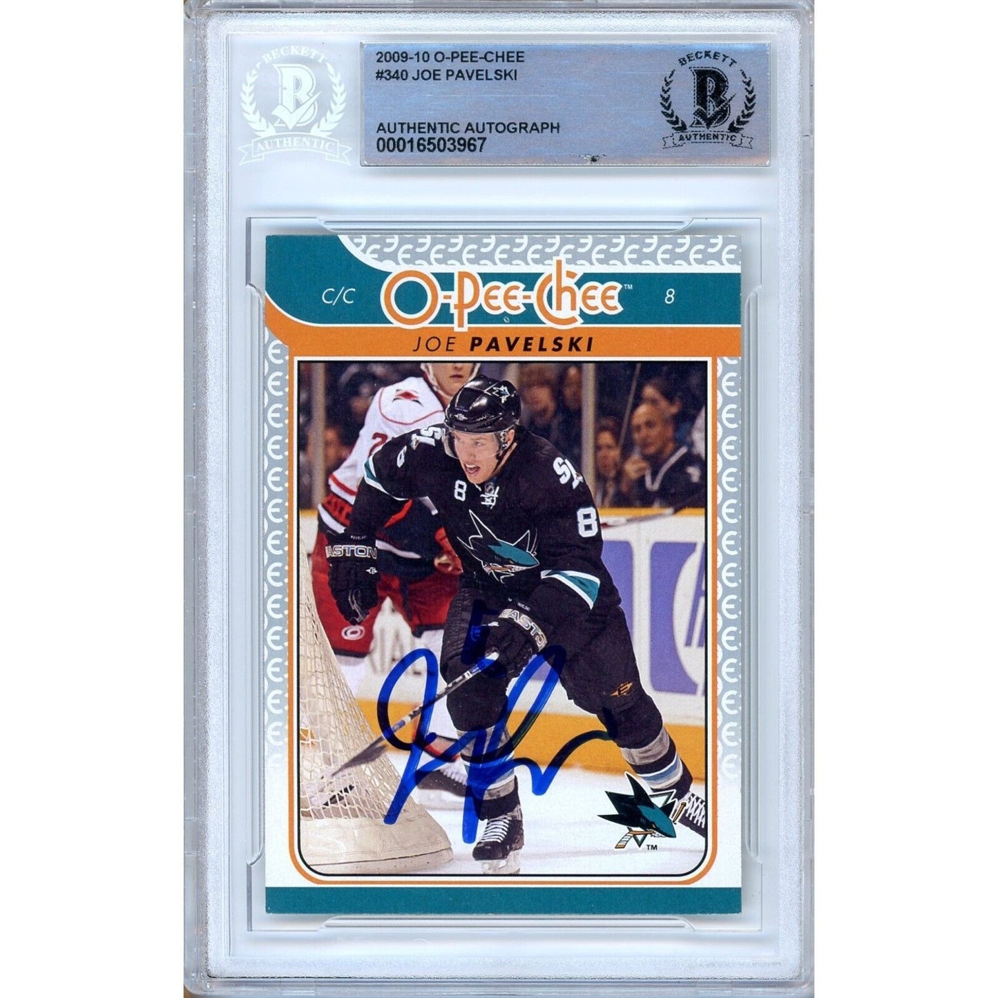 Hockey- Autographed- Joe Pavelski San Jose Sharks Signed 2009-10 O-Pee-Chee Hockey Card Beckett Authentic Auto Slab Front