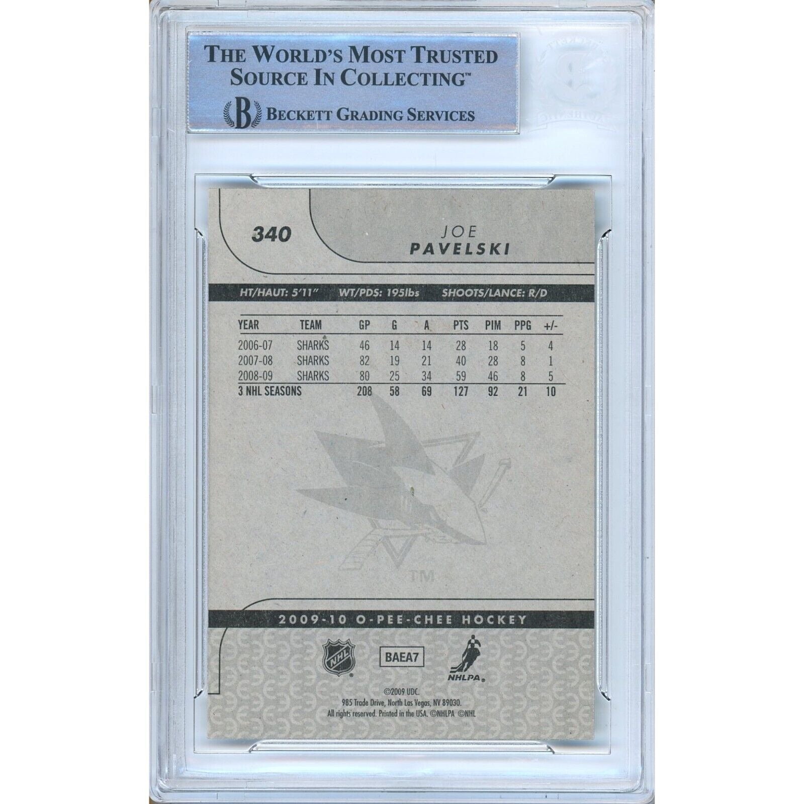 Hockey- Autographed- Joe Pavelski San Jose Sharks Signed 2009-10 O-Pee-Chee Hockey Card Beckett Authentic Auto Slab Back