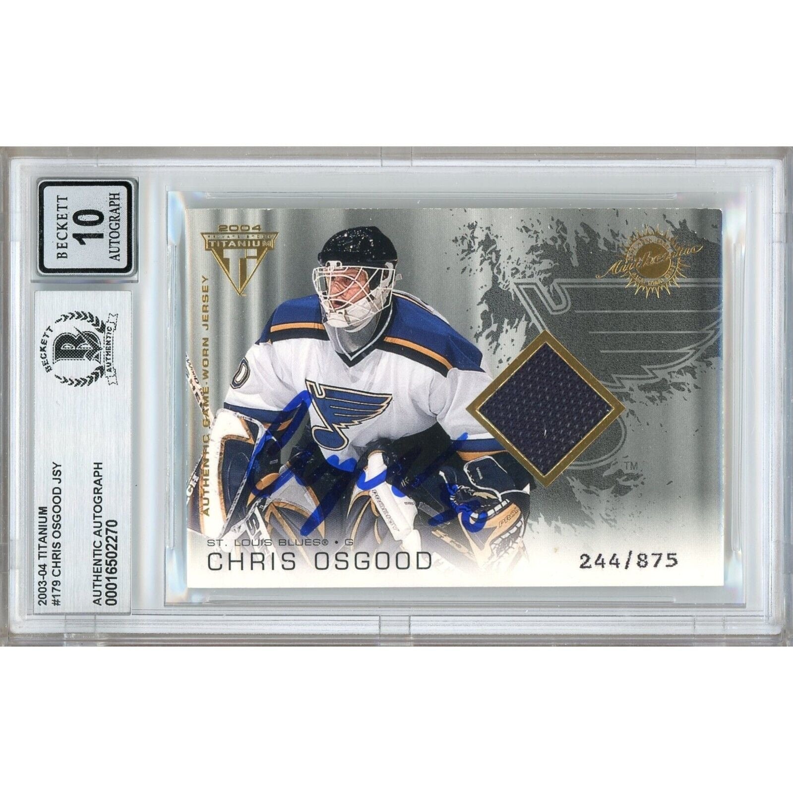 Hockey- Autographed- Chris Osgood St Louis Blues Signed 2003-04 Titanium Game Used Jersey Relic Hockey Card Beckett Authentic BGS Auto-10 Graded Slab Front