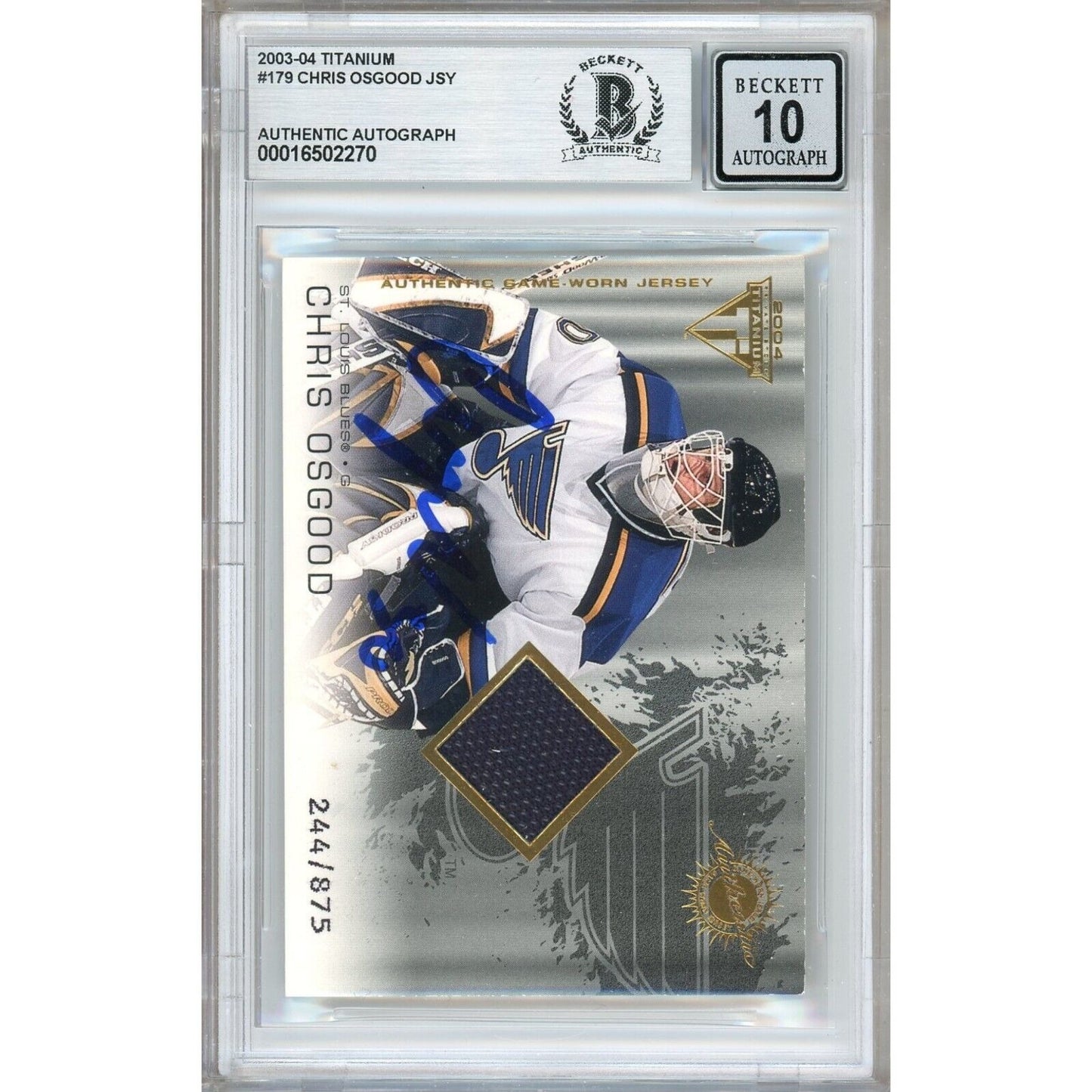 Hockey- Autographed- Chris Osgood Saint Louis Blues Signed 2003-04 Titanium Game Used Jersey Relic Hockey Card Beckett Authentic BGS Auto-10 Graded Slab Front