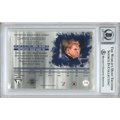 Hockey- Autographed- Chris Osgood St Louis Blues Signed 2003-04 Titanium Game Used Jersey Relic Hockey Card Beckett Authentic BGS Auto-10 Graded Slab Back