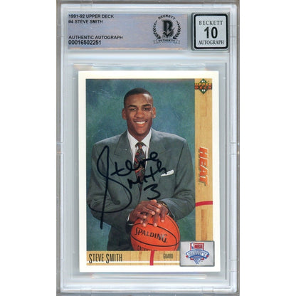 Basketballs- Autographed- Steve Smith Miami Heat Signed 1991-92 Upper Deck Trading Card Beckett Authentic BGS Auto-10 Graded Slab Front