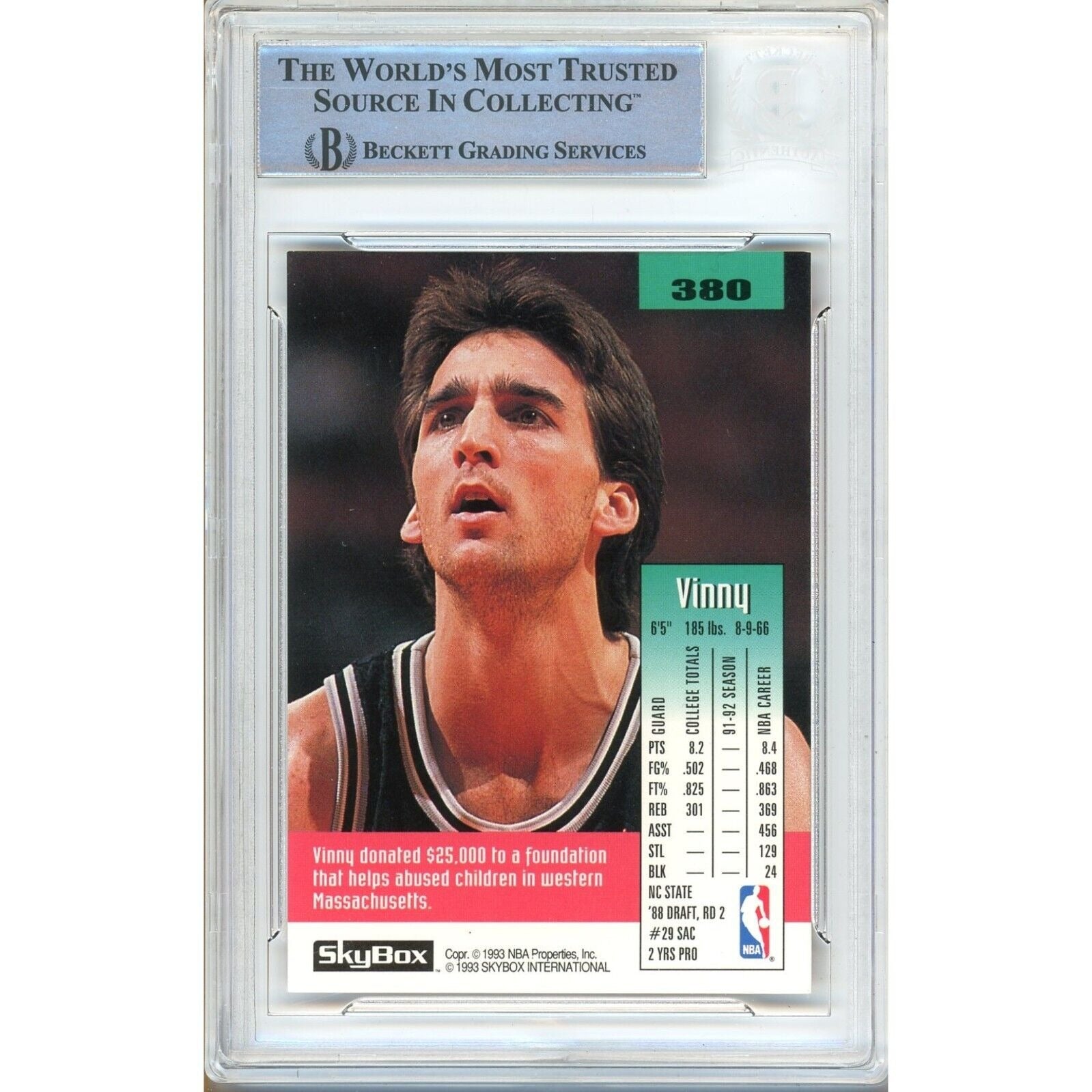 Basketballs- Autographed- Vinny Del Negro San Antonio Spurs Signed 1992-93 Skybox Trading Card Beckett Authentic Auto Slab Back