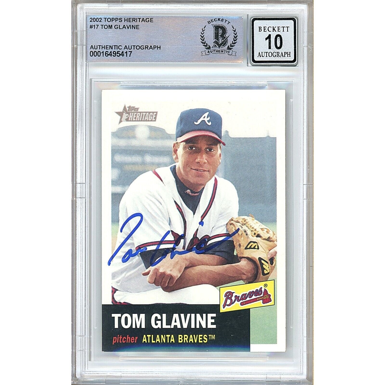 Baseballs- Autographed- Tom Glavine Atlanta Braves Signed 2002 Topps Heritage Trading Card Beckett Authentic BGS Auto-10 Graded Slab Front