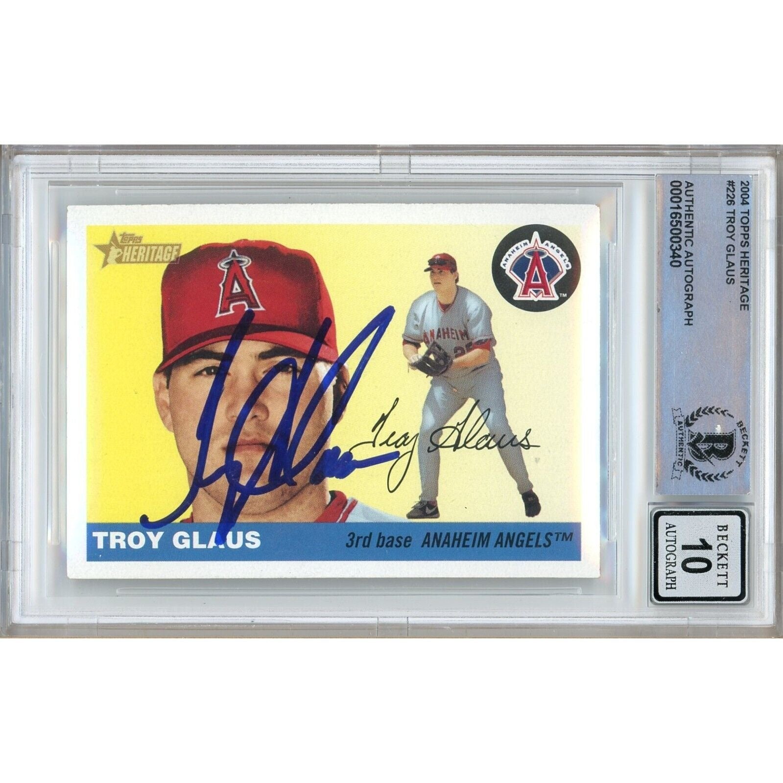 Baseballs- Autographed- Troy Glaus Los Angeles Angels Signed 2004 Topps Heritage Trading Card Beckett Authentic BGS Auto-10 Graded Slab Front