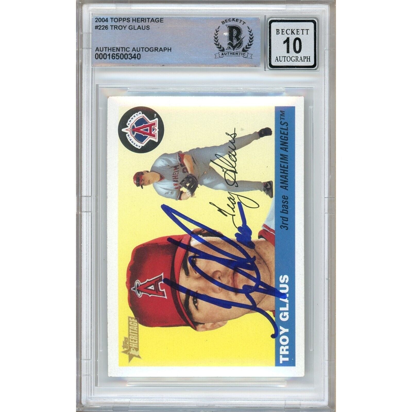 Baseballs- Autographed- Troy Glaus Anaheim Angels Signed 2004 Topps Heritage Trading Card Beckett Authentic BGS Auto-10 Graded Slab Front