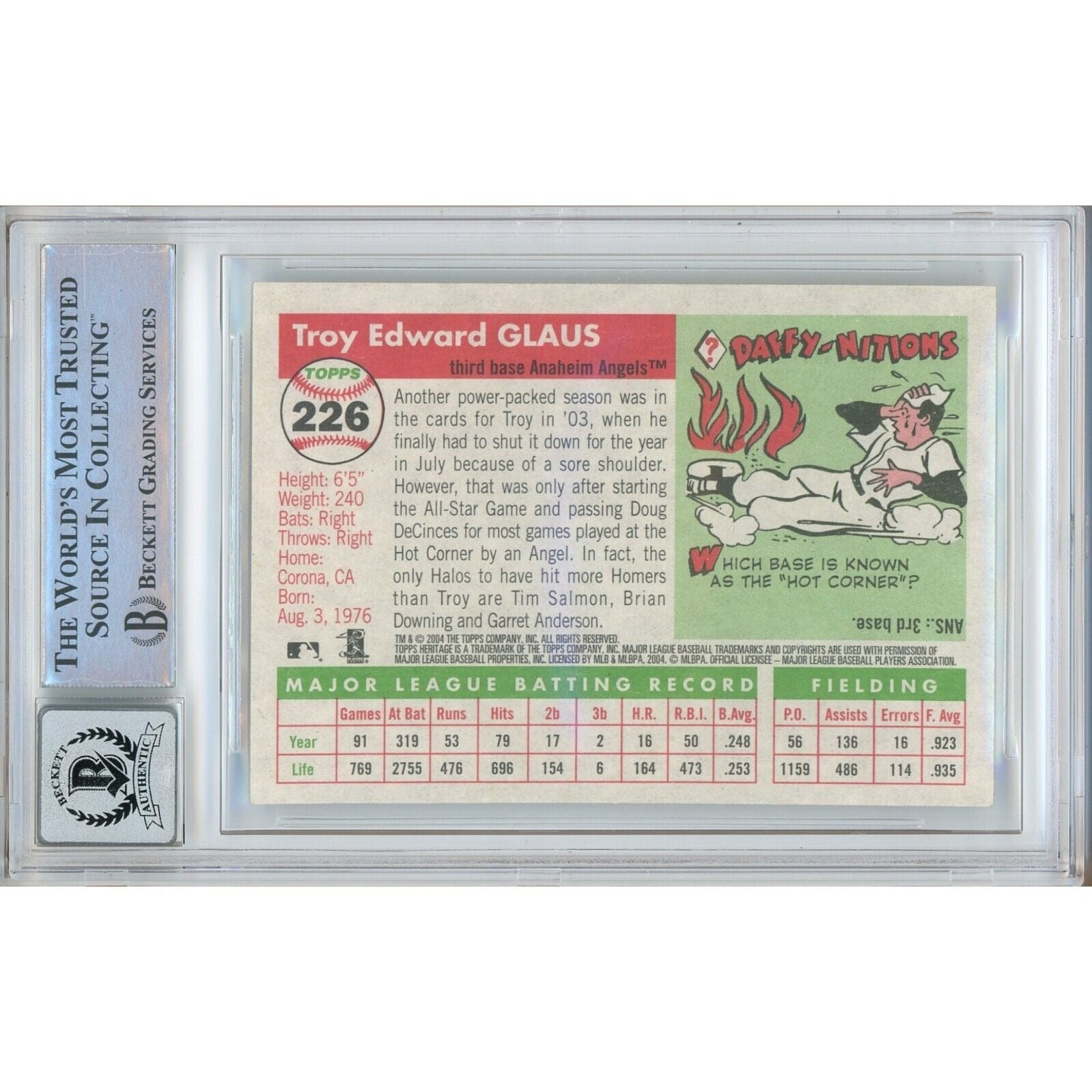 Baseballs- Autographed- Troy Glaus Los Angeles Angels Signed 2004 Topps Heritage Trading Card Beckett Authentic BGS Auto-10 Graded Slab Back