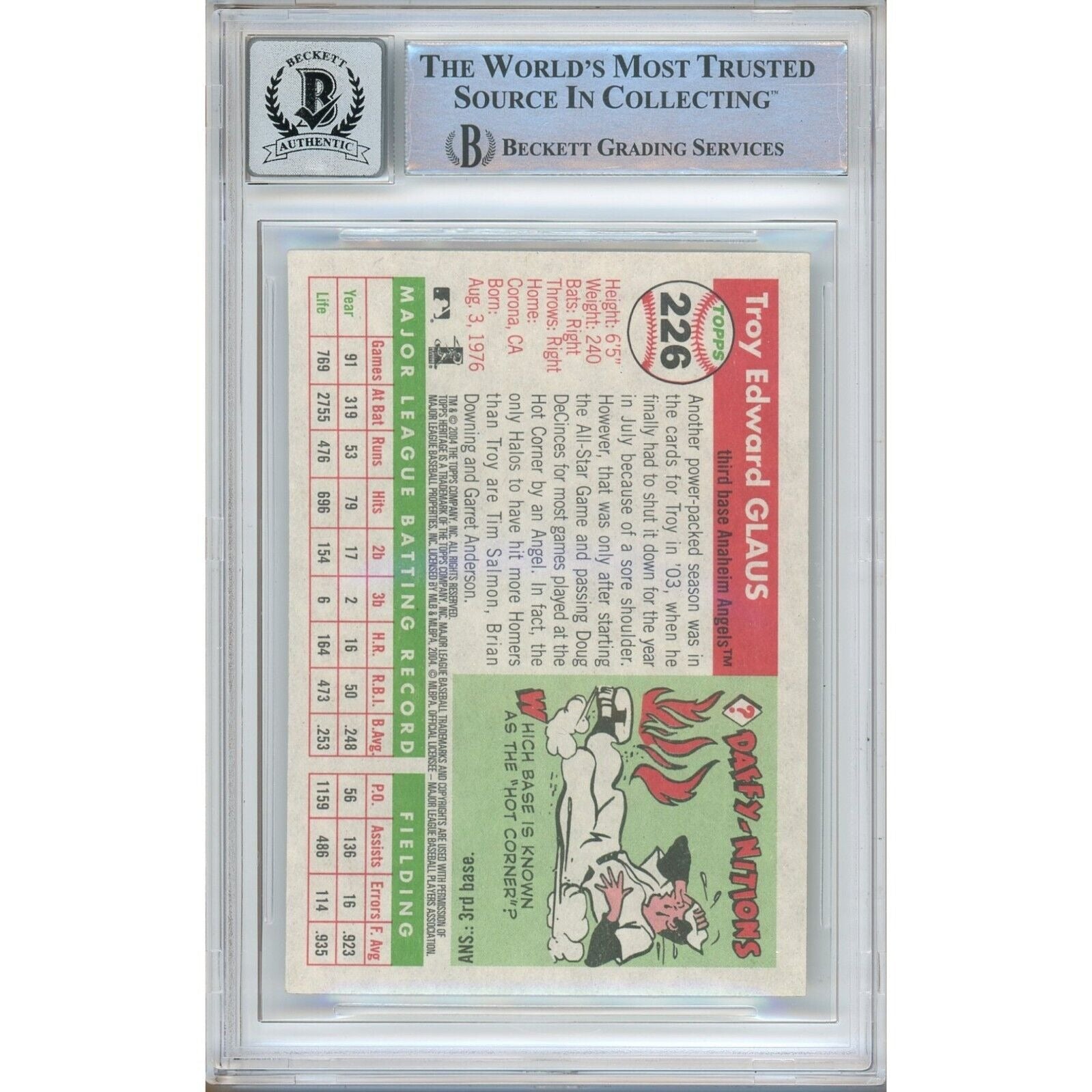 Baseballs- Autographed- Troy Glaus Anaheim Angels Signed 2004 Topps Heritage Trading Card Beckett Authentic BGS Auto-10 Graded Slab Back