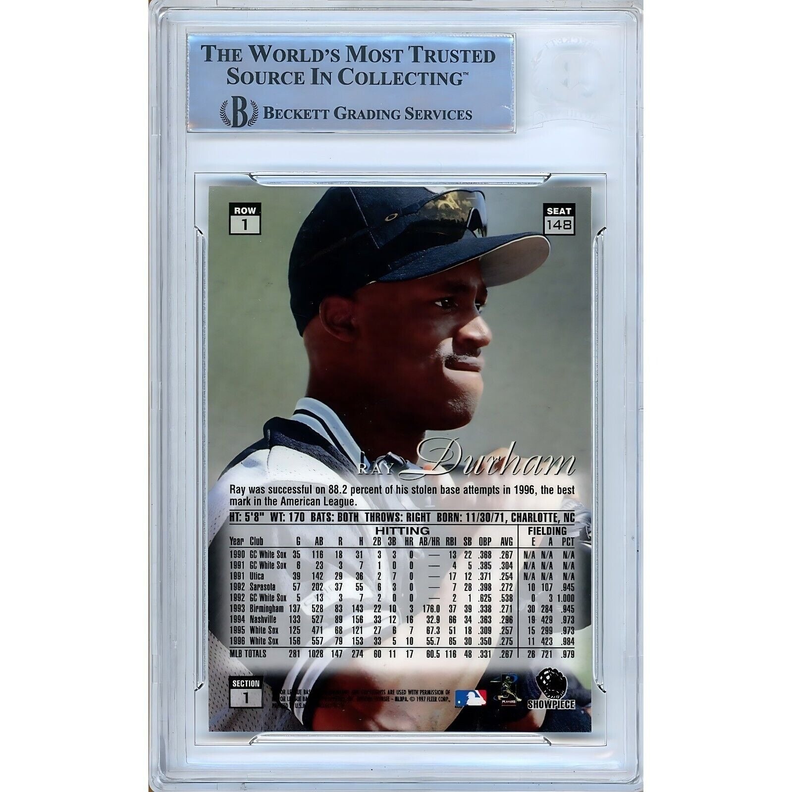 Baseballs- Autographed- Ray Durham Chicago White Sox Signed 1997 Flair Showcase Row 1 Trading Card Beckett Authentic Auto Slab Back