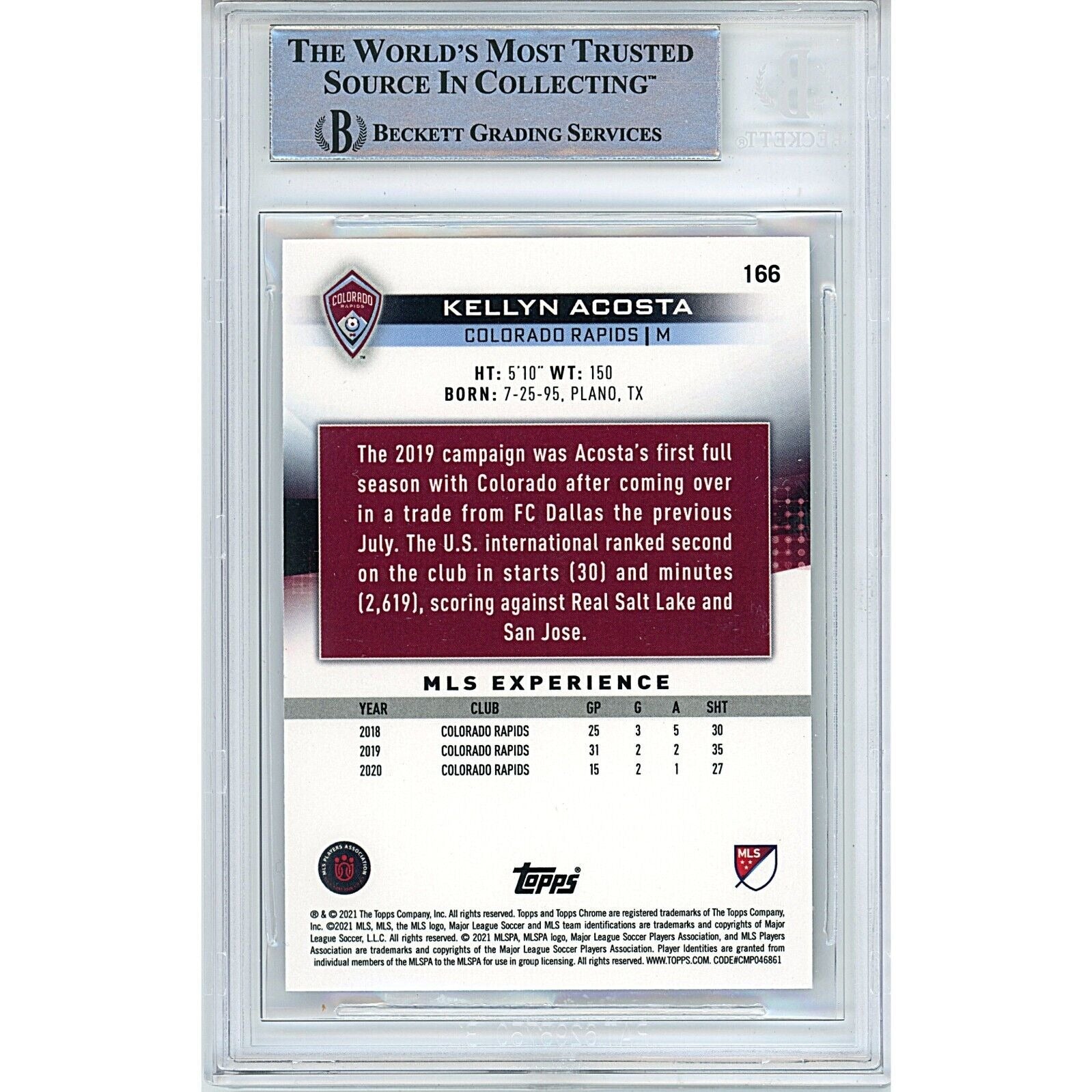 Soccer- Autographed- Kellyn Acosta Colorado Rapids FC Signed 2021 Topps Chrome MLS Soccer Card Beckett Authentic Auto Slab Back