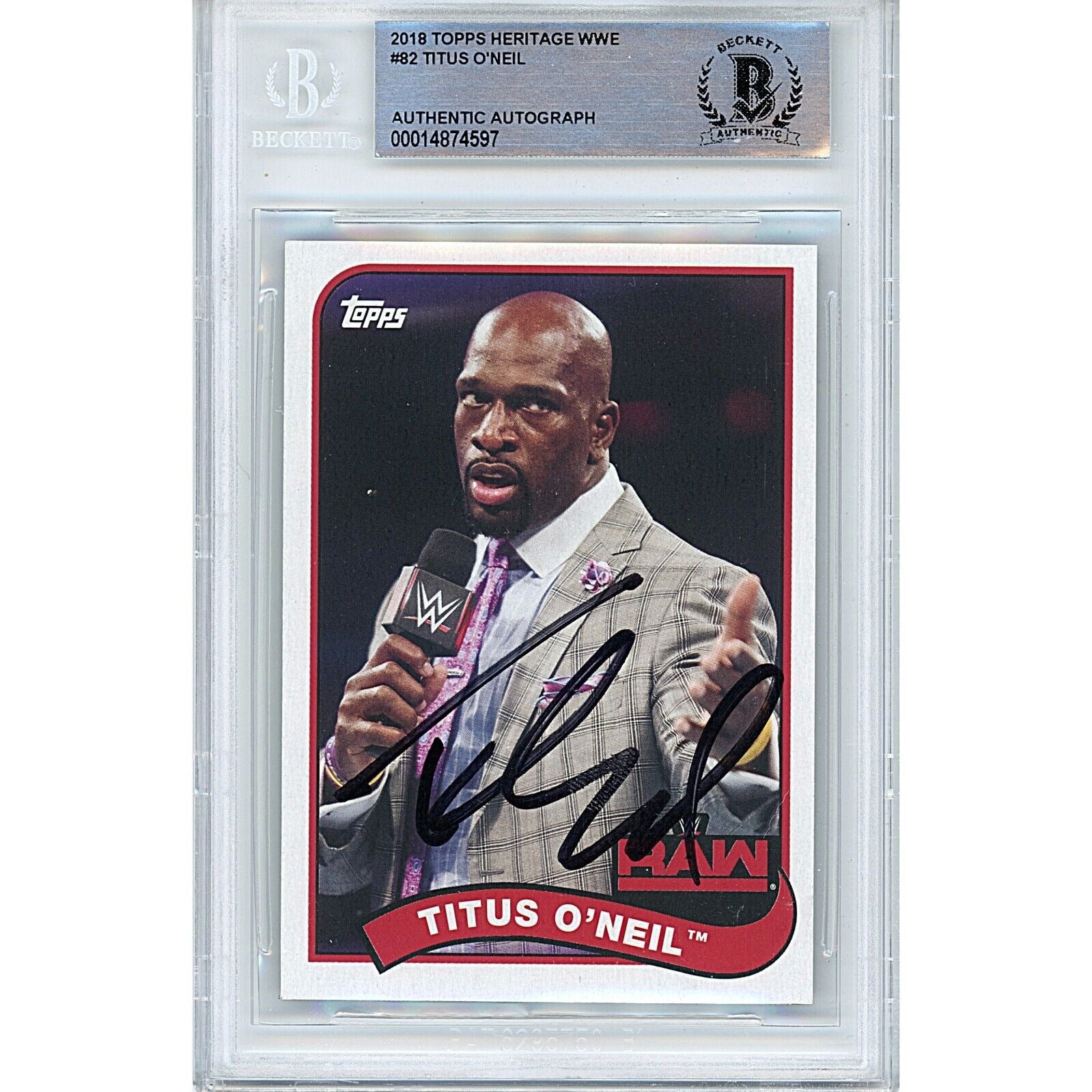 Wrestling- Autographed- Titus O'Neil Signed 2018 Topps Heritage WWE Trading Card Beckett Authentic Auto Slab Front