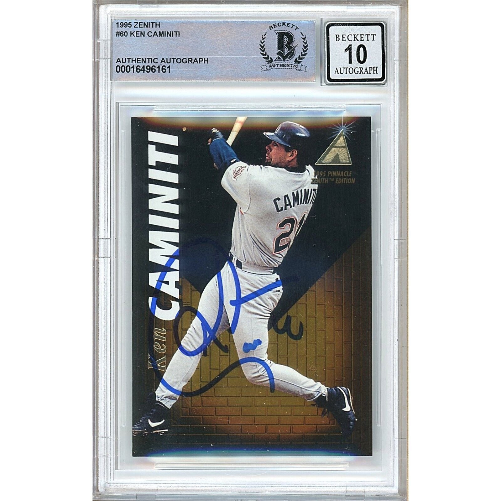 Baseballs- Autographed- Ken Caminiti San Diego Padres Signed 1995 Pinnacle Zenith Baseball Card Beckett Authentic BGS Auto-10 Graded Slab Front