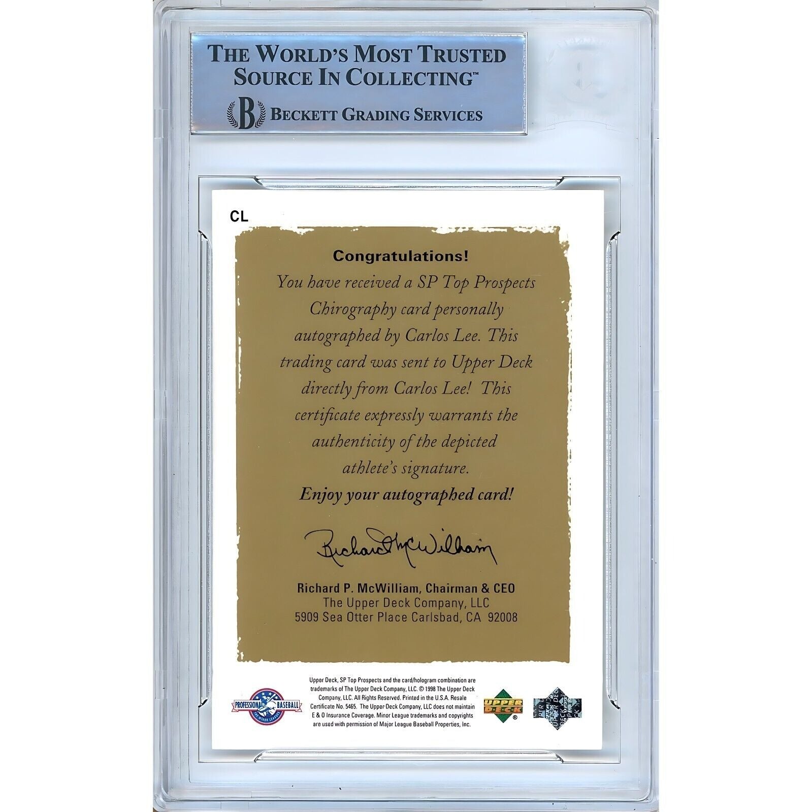 Carlos Lee Upper Deck Signed Trading Card Beckett BAS