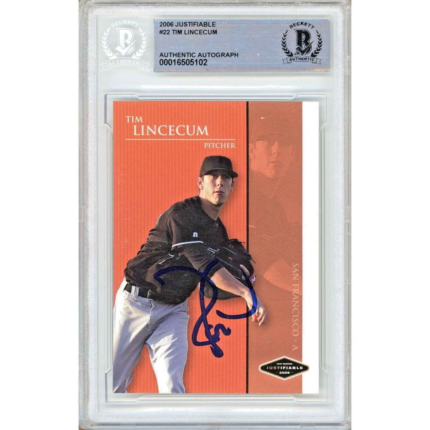 Baseballs- Autographed- Tim Lincecum San Francisco Giants Signed 2006 Justifiable Rookie Trading Card Beckett Authentic Auto Slab Front