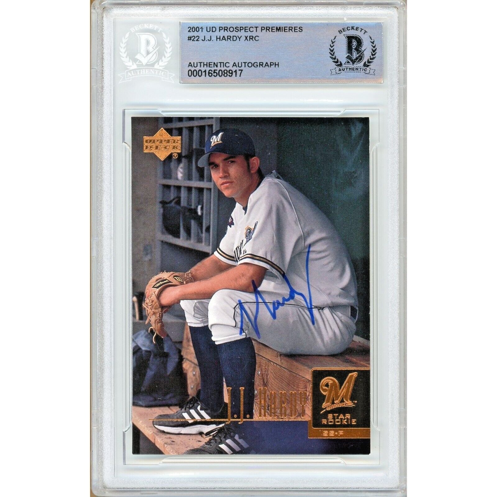 Baseballs- Autographed- JJ Hardy Milwaukee Brewers Signed 2001 Upper Deck Prospect Premieres Rookie Baseball Card Beckett Authentic Auto Slab Front