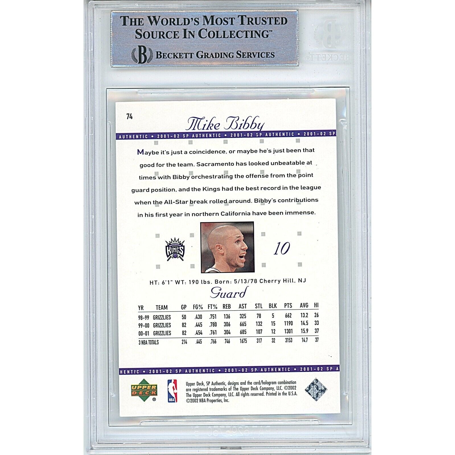 Basketballs- Autographed- Mike Bibby Sacramento Kings Signed 2001-02 Upper Deck SP Authentic Basketball Card Beckett Auth Auto Slab Back