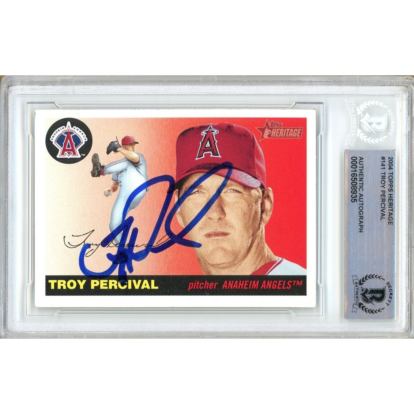 Baseballs- Autographed- Troy Percival Los Angeles Angels Signed 2004 Topps Heritage Trading Card Beckett Authentic Auto Slab Front