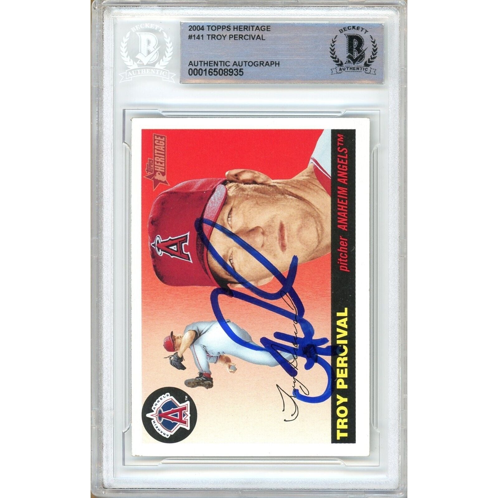 Baseballs- Autographed- Troy Percival Anaheim Angels Signed 2004 Topps Heritage Trading Card Beckett Authentic Auto Slab Front