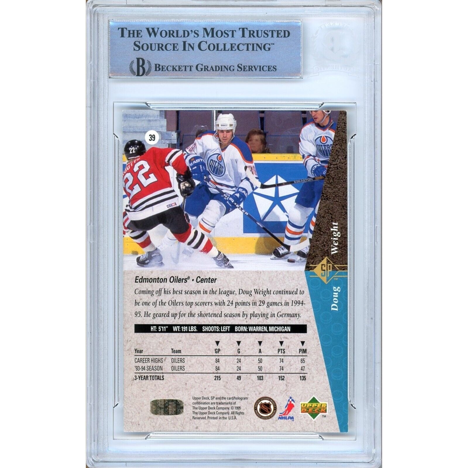 Doug Weight Edmonton Oilers signed trading card – signature close-up – Beckett COA