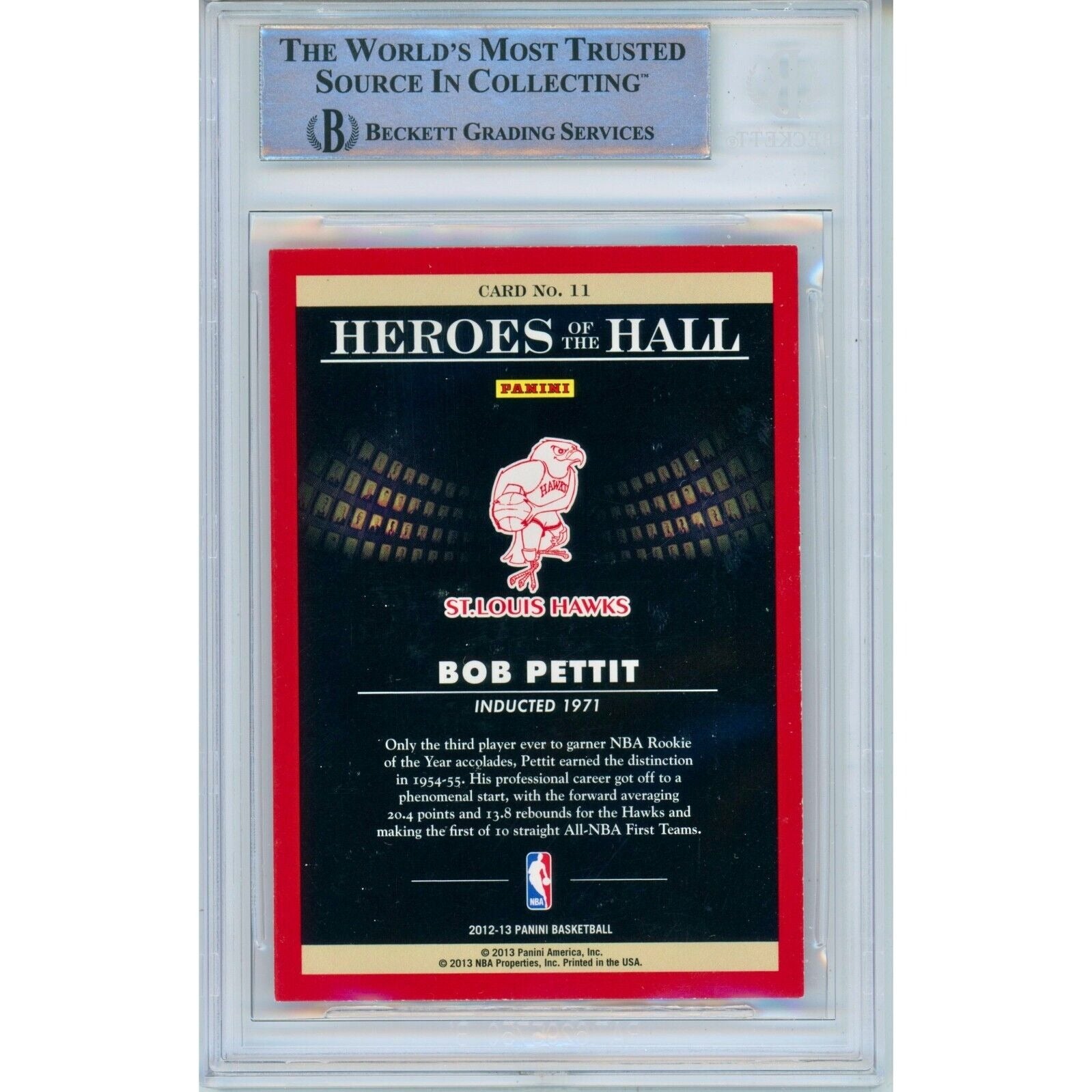 Basketballs- Autographed- Bob Pettit Atlanta Hawks Signed 2012-13 Panini Heroes of the Hall of Fame Basketball Card Beckett Authentic Auto Slab Back