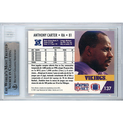 Footballs- Autographed- Anthony Carter Minnesota Vikings Signed 1991 Pro Set Football Card Beckett Authentic Auto Slab Back