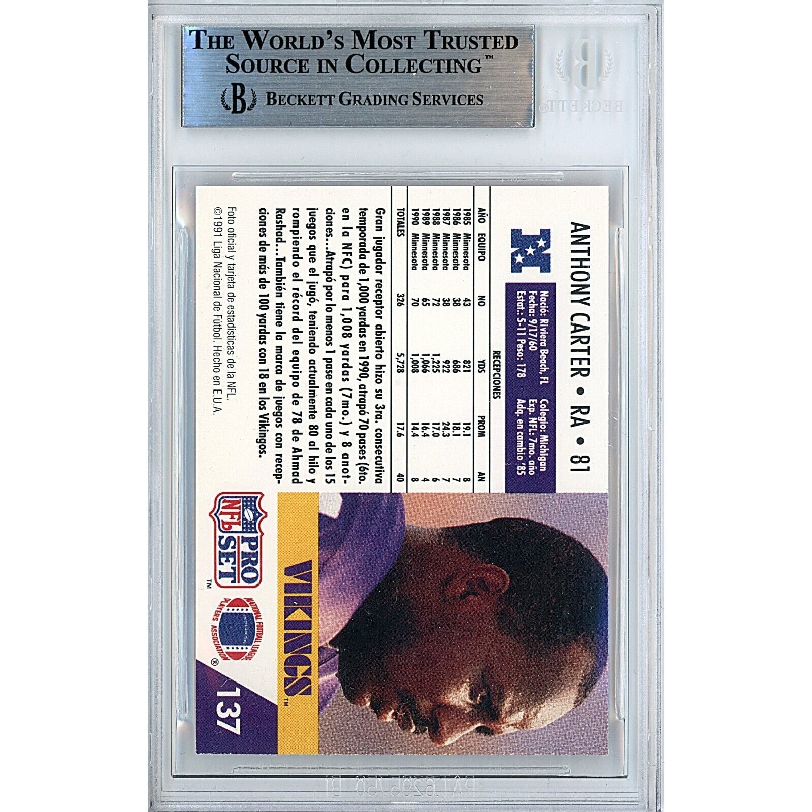 Footballs- Autographed- Anthony Carter Minnesota Vikings Signed 1991 Pro Set Football Card Beckett Authenticated Auto Slab Back