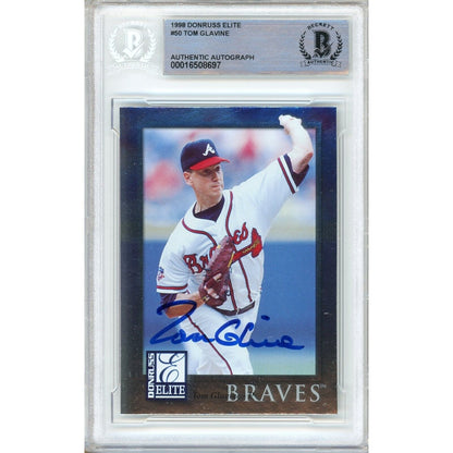 Baseballs- Autographed- Tom Glavine Atlanta Braves Signed 1998 Donruss Elite Trading Card Beckett Authentic Auto Slab Front